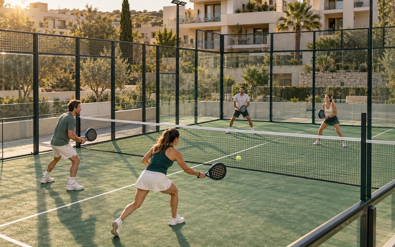 Cuatro vecinos jugando un partido de pádel por parejas; imagen generada con IA